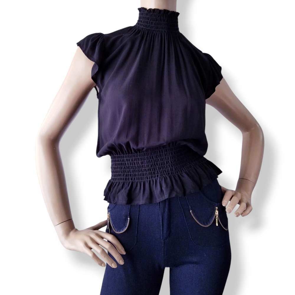 Love J Chic Black Smocked Cap Sleeve Top Size Small